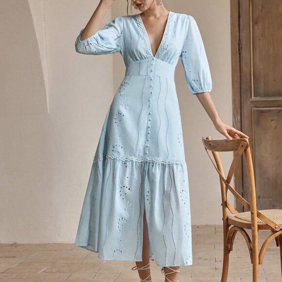 Baby Blue Elegant Women's V-Neck Slit Lace Embroidery Vacation Long Dress - Picture 4 of 7